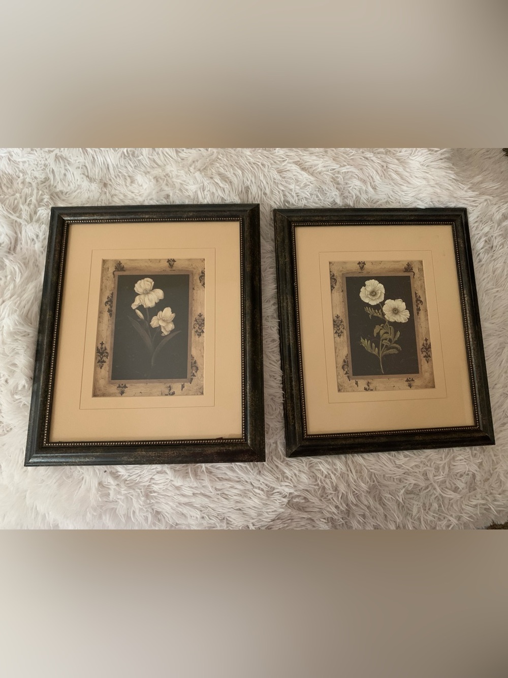 Framed Floral Wall Art Pair in Beige and Black Set of Two